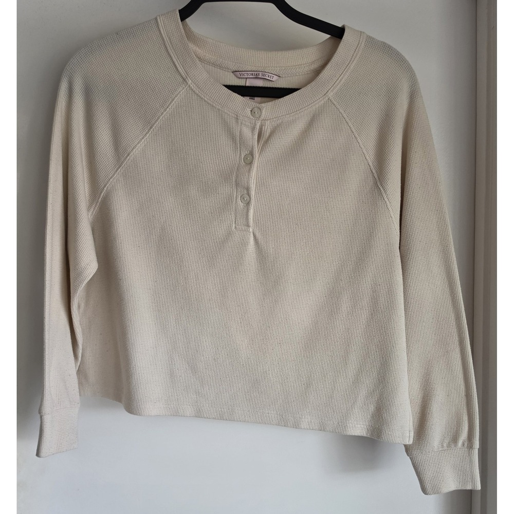 Victoria's Secret Crop Henley Top XS Cream Long Sleeve Casual Shirt Tee